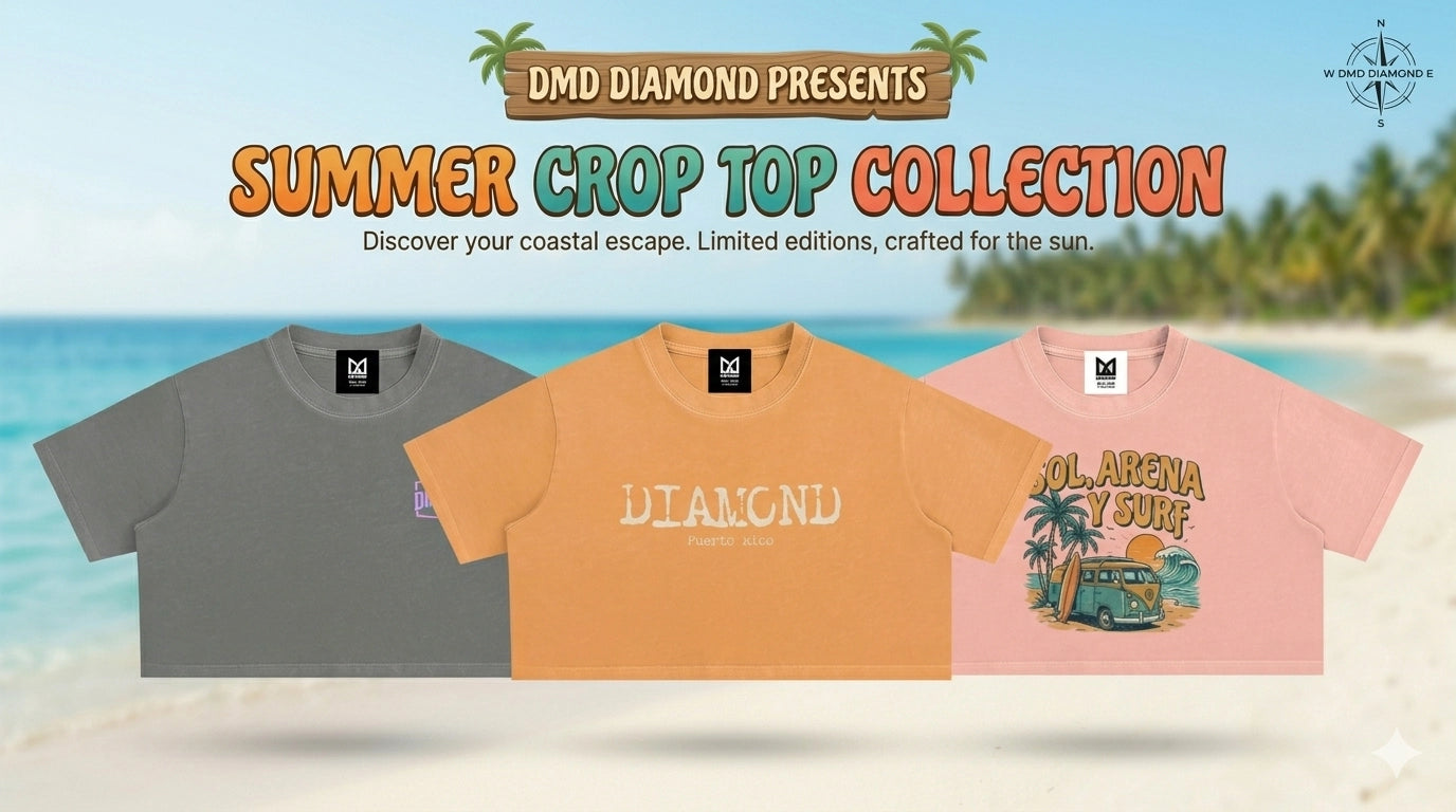 "Imagen promocional de la colección de crop tops de DMD Diamond, mostrando tres camisetas de colores diferentes (gris,naranja y rosa) sobre un fondo de playa tropical.